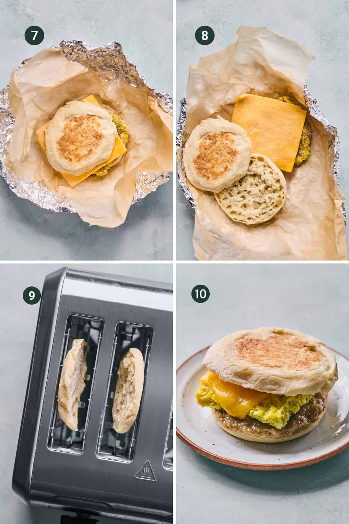 Four images show how to make breakfast sandwiches on English muffin: unwrapping ingredients, splitting the muffin, toasting the halves, and assembling with egg, cheese, and sausage on a plate.