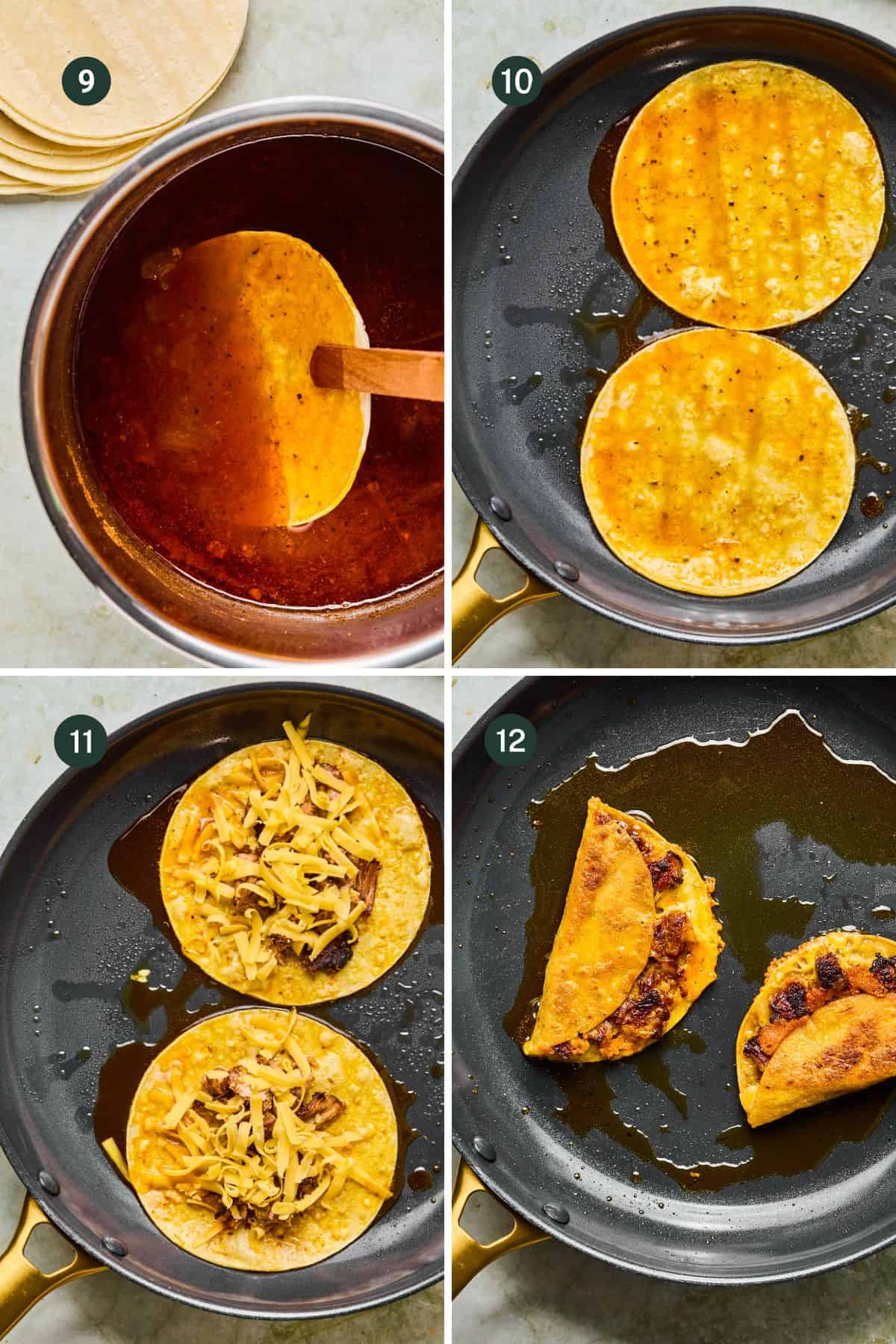 Four-step process: Corn tortillas dipped in red sauce, frying two sauced tortillas, adding Instant Pot Carnitas Tacos meat and cheese, then folding into tacos and browning to perfection.