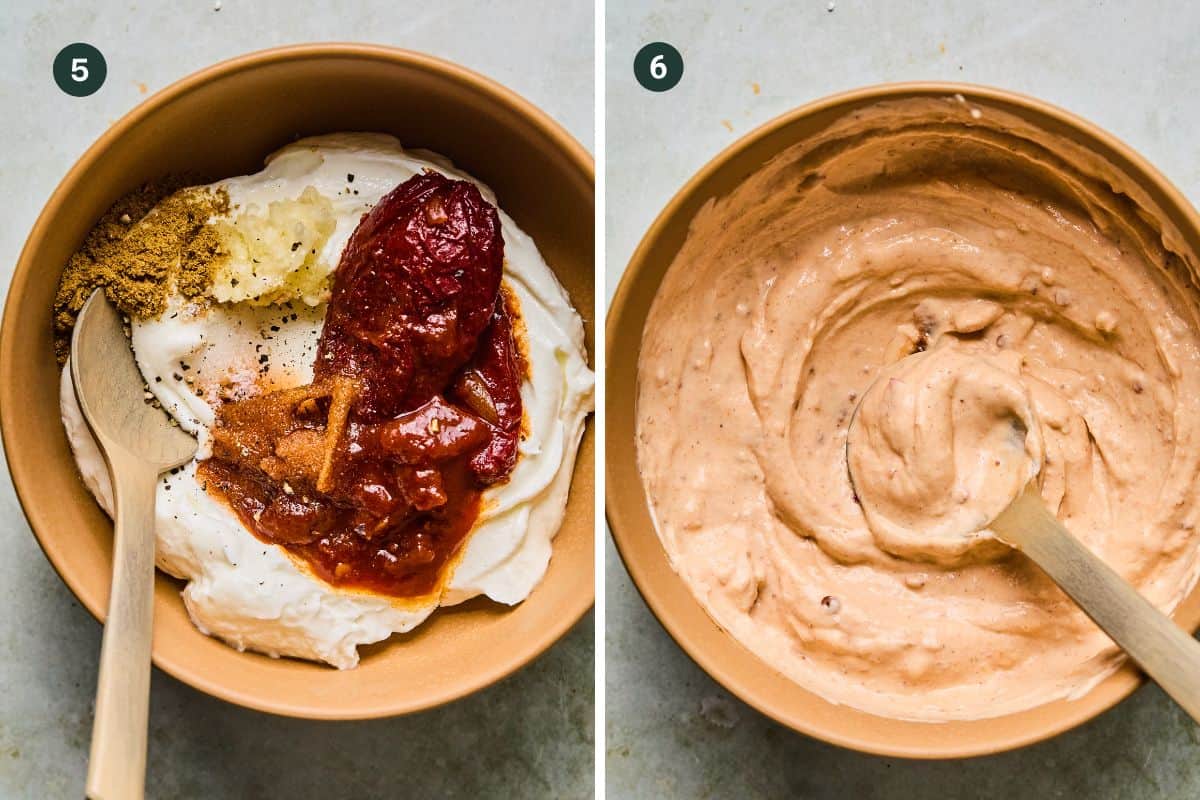 Side-by-side images: Left shows a bowl with yogurt, chipotle pepper, sauce, spices, and garlic. Right shows the ingredients blended into a creamy dip—perfect for serving with Instant Pot Carnitas Tacos.