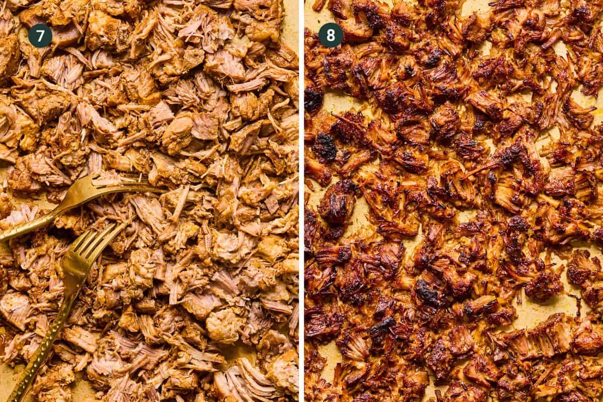 A split image shows shredded Instant Pot Carnitas pork on the left with two forks pulling the meat, and on the right, the same pork baked until browned and crispy—perfect for Carnitas Tacos. Both sides are labeled with numbers 7 and 8.