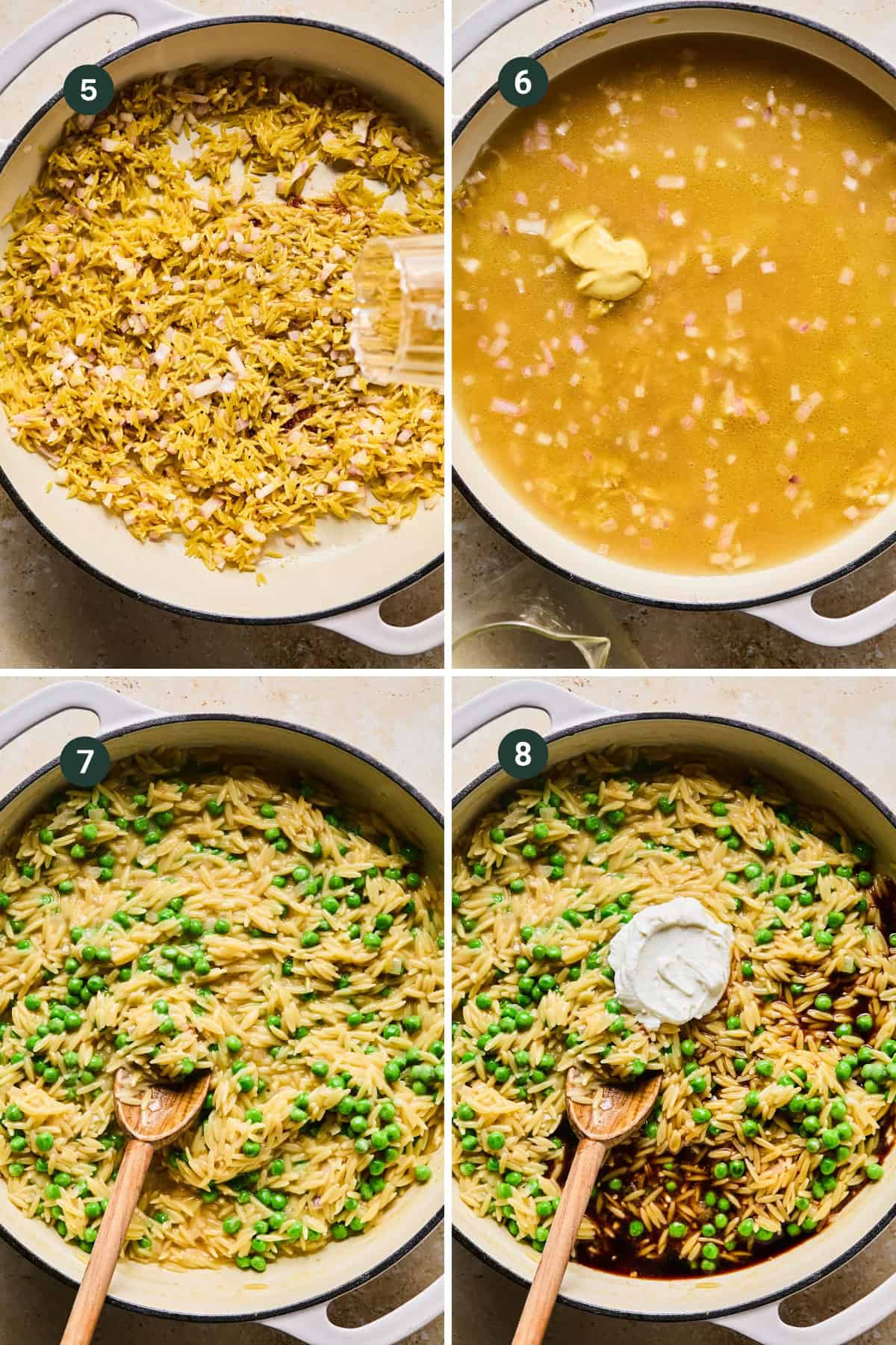 Four-step collage of a dish being prepared: sautéed orzo and onions; orzo with broth, mustard, chicken and peas simmering; peas stirred into creamy orzo; and a dollop of cream added, all shown in a pot with a wooden spoon.