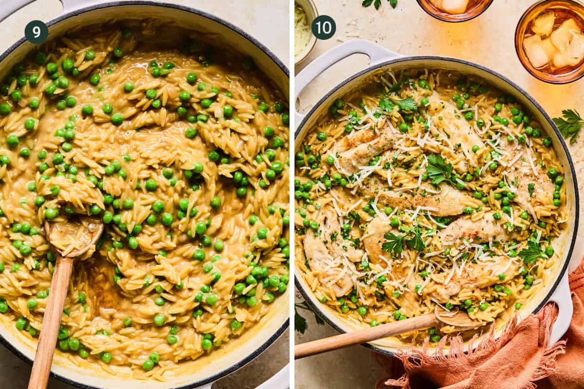 Split image: Left side shows a pot of creamy orzo with chicken and peas being stirred by a wooden spoon. Right side shows the same orzo topped with sliced chicken, grated cheese, and chopped parsley.