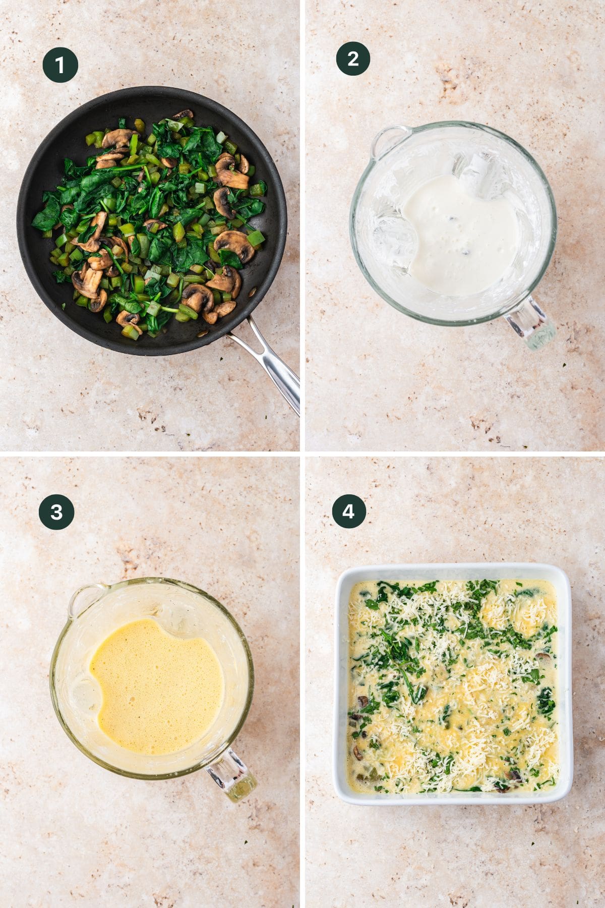 A four-step collage shows: 1) sautéed mushrooms and greens in a skillet, 2) a glass bowl with a creamy cottage cheese egg casserole mixture, 3) a glass bowl with a yellow egg blend, 4) a baking dish with all ingredients combined, ready to bake.