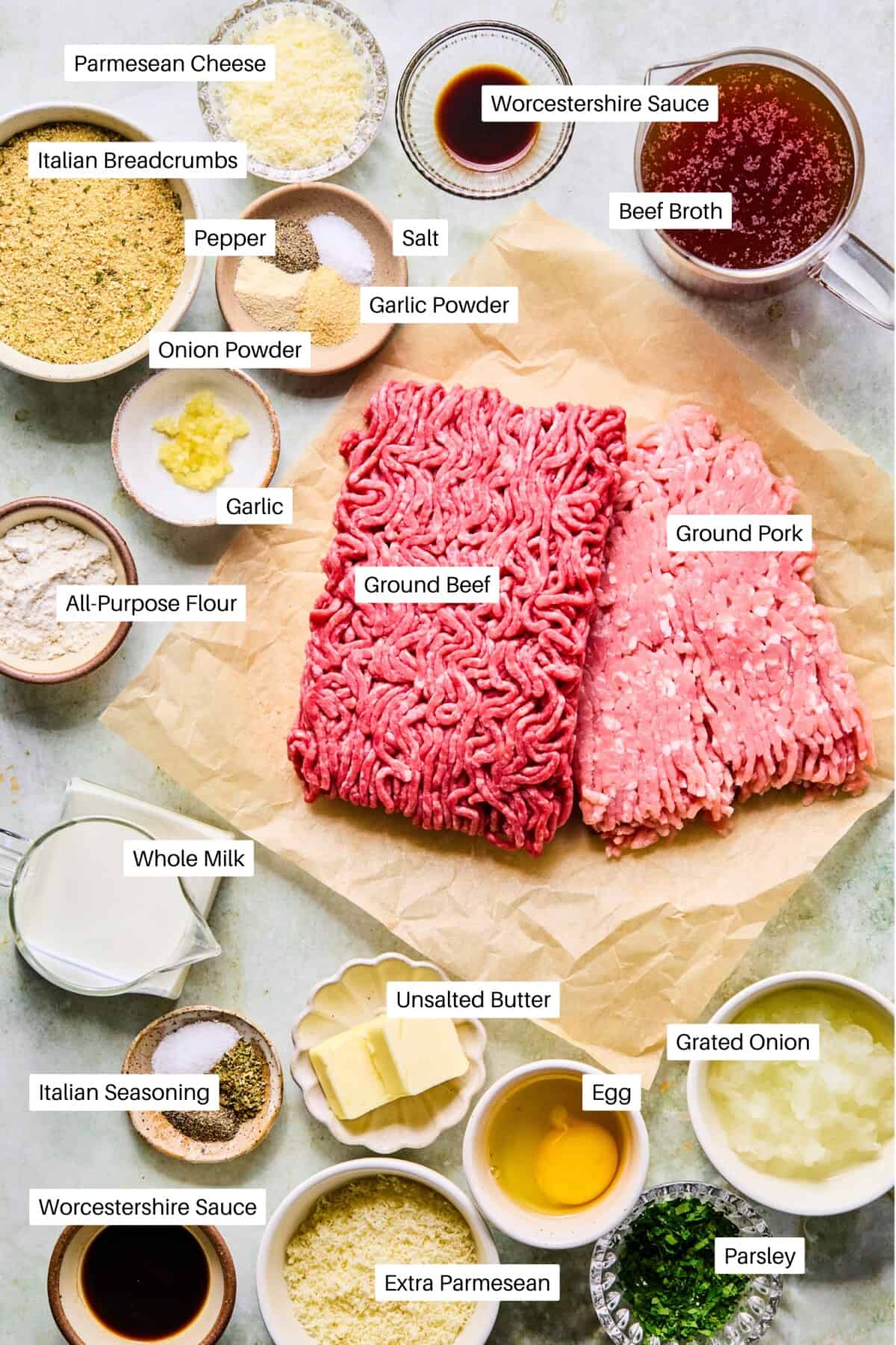 Overhead view of labeled meatball ingredients, perfect for meatballs and gravy, including ground beef, ground pork, Parmesan cheese, spices, milk, butter, egg, breadcrumbs, grated onion, parsley, beef broth, Worcestershire sauce, and flour.