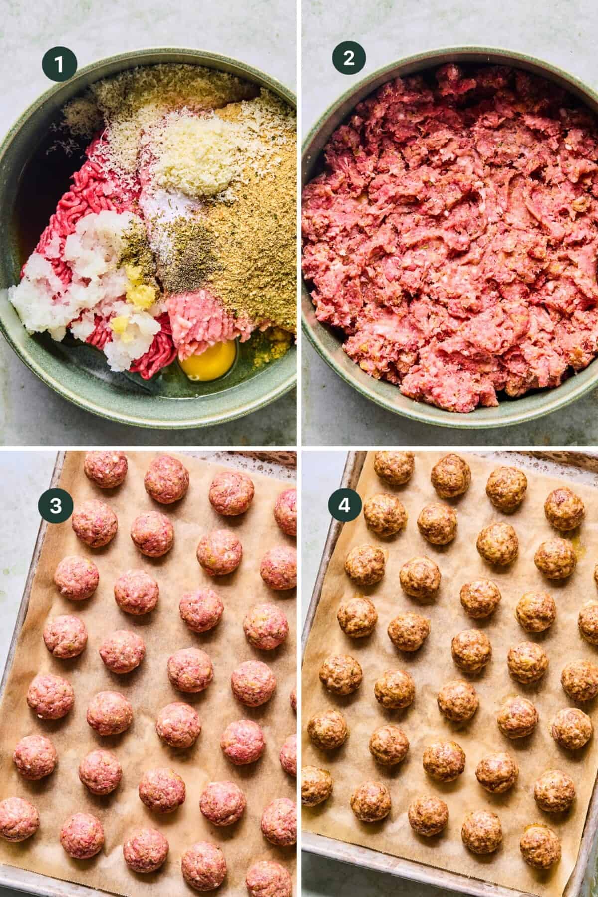 Four-photo grid: 1) Ground meat, spices, egg, and seasonings in a bowl; 2) Mixture combined; 3) Raw meatballs ready on a parchment-lined baking sheet; 4) Baked meatballs—perfect for pairing with savory gravy.