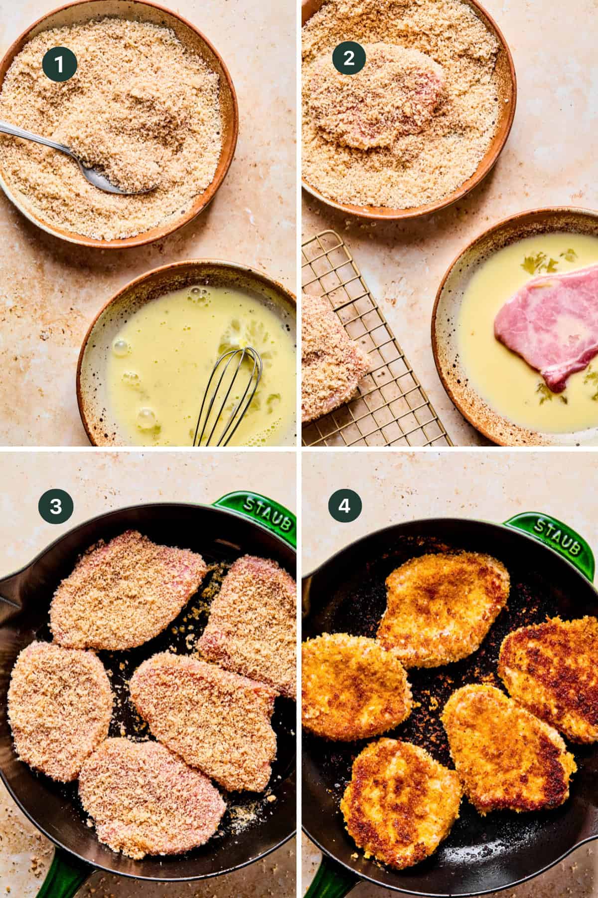 Four-step process for breading and frying meat: 1) Bread crumbs in a bowl with a spoon, 2) Pork chops dipped in egg wash then coated in bread crumbs, 3) Breaded pork chops frying in a pan, 4) Browned pork chops cooked and ready for gravy.