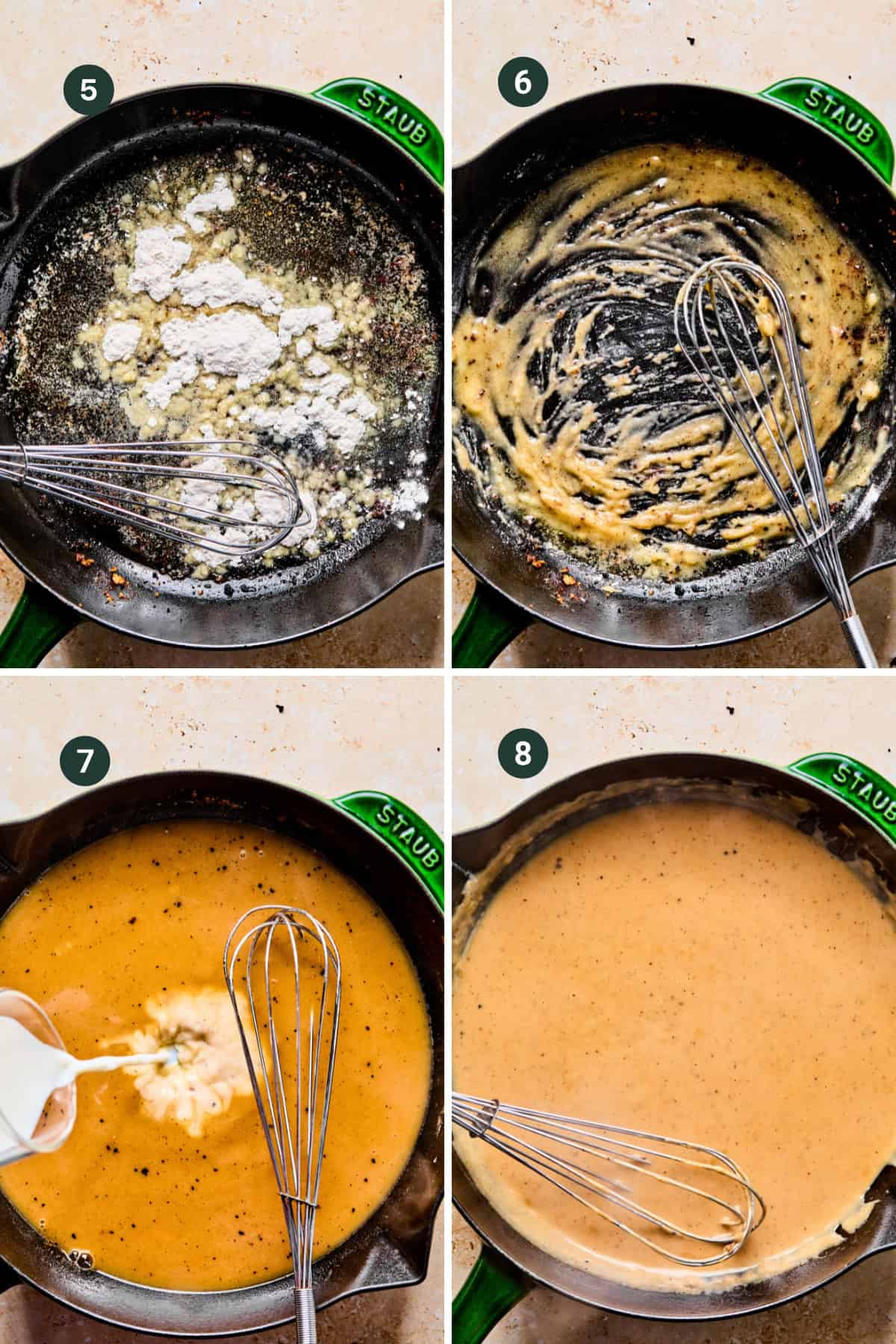 Four-step collage showing a skillet: 1) flour added to melted butter; 2) flour and butter whisked together; 3) milk poured in while whisking; 4) a smooth, creamy, light-brown sauce—perfect for serving with pork chops and gravy.