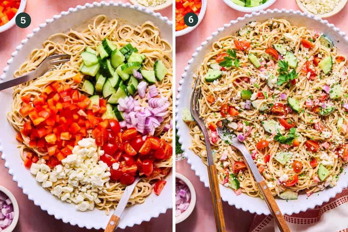 A large white bowl filled with spaghetti pasta salad, chopped cucumbers, tomatoes, red bell peppers, red onions, and feta cheese. The left side shows the ingredients separated; the right side shows them mixed together with herbs.