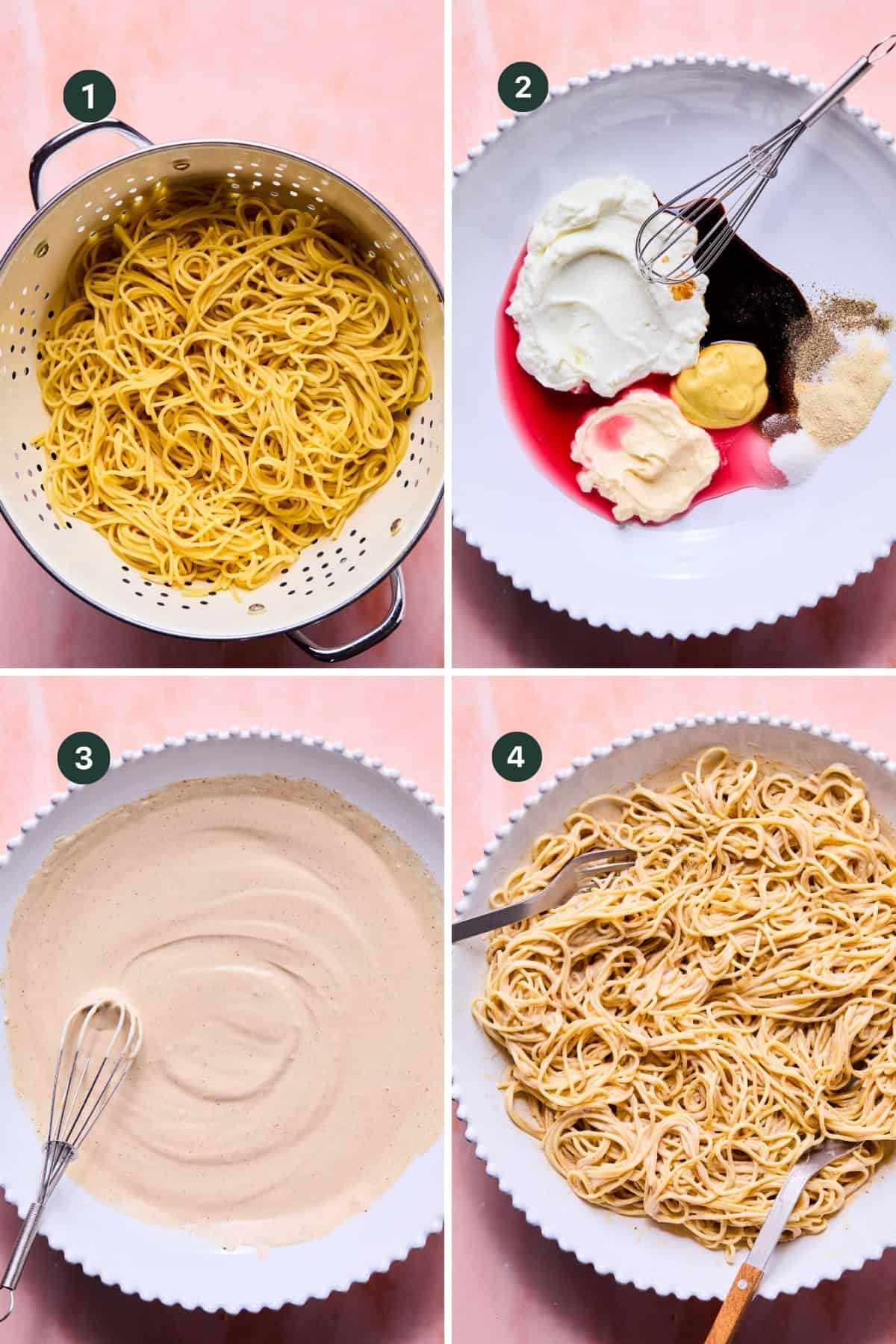 Four-step collage: (1) Cooked spaghetti pasta salad in a colander; (2) Sour cream, mayonnaise, mustard, and spices in a white bowl with a whisk; (3) Ingredients whisked into a creamy sauce; (4) Sauce mixed with spaghetti in the bowl.