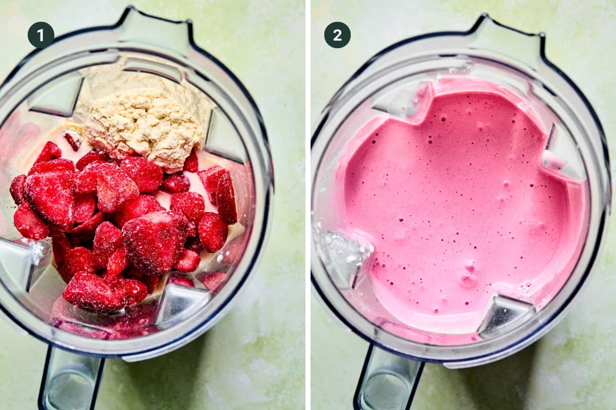 Side-by-side images of a strawberry protein shake: left shows frozen strawberries and protein powder, right shows the smooth, blended pink mixture. Both are viewed from above and labeled 1 and 2.