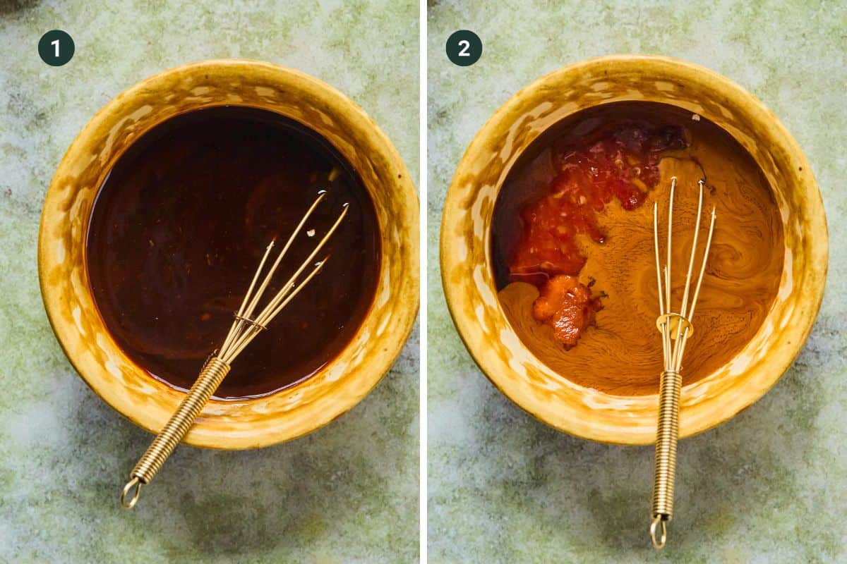 Two side-by-side images show a whisk in a yellow bowl. The left bowl has a smooth dark sauce for sweet chili chicken, while the right shows unmixed brown, red, and orange ingredients. Numbers 1 and 2 label each image.