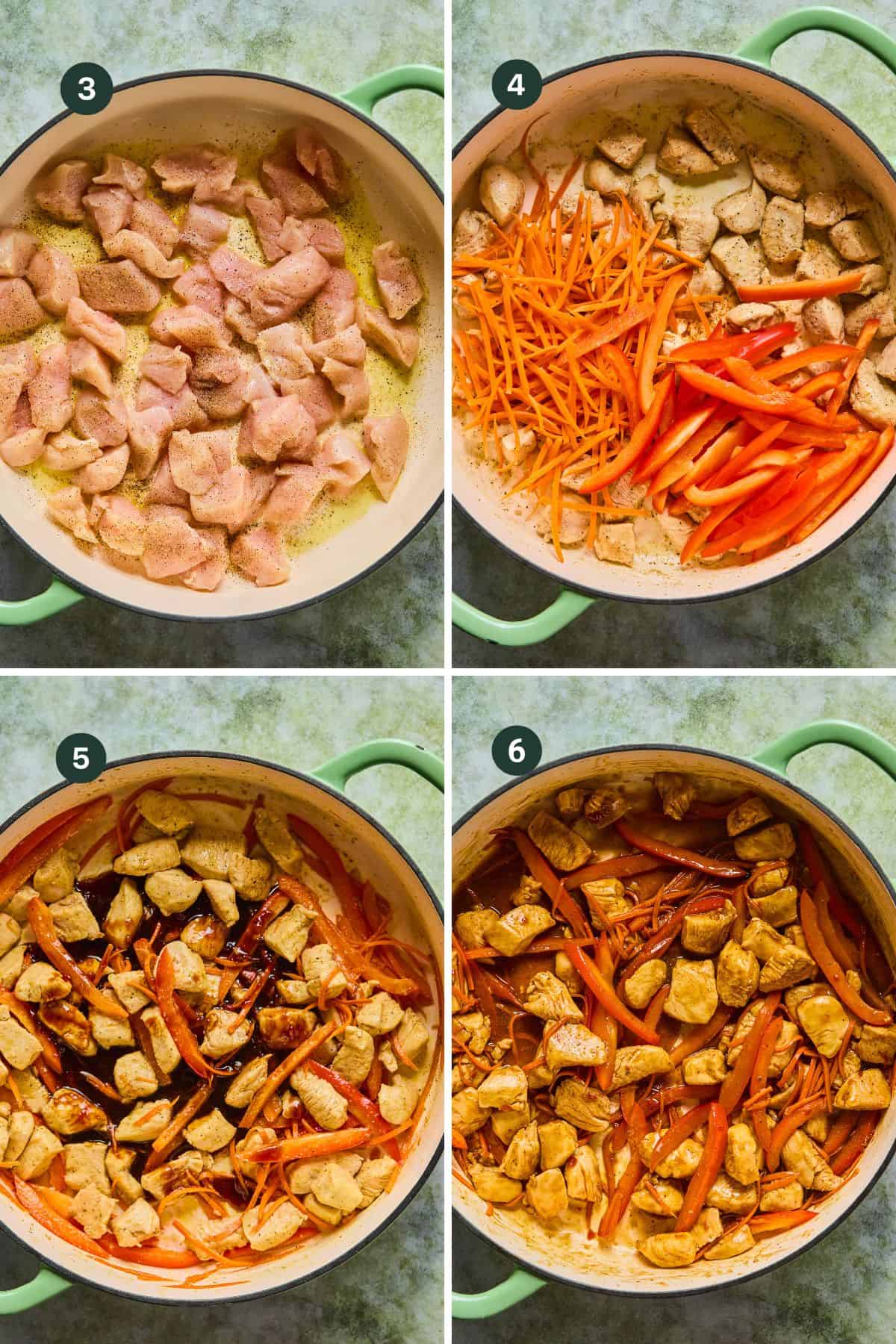 Four-panel image showing a green pot. Panel 1: diced chicken cooking. Panel 2: chicken with added sliced carrots and red bell peppers. Panel 3: soy sauce poured in for sweet chili chicken. Panel 4: everything stirred together, cooked, and coated in sauce.