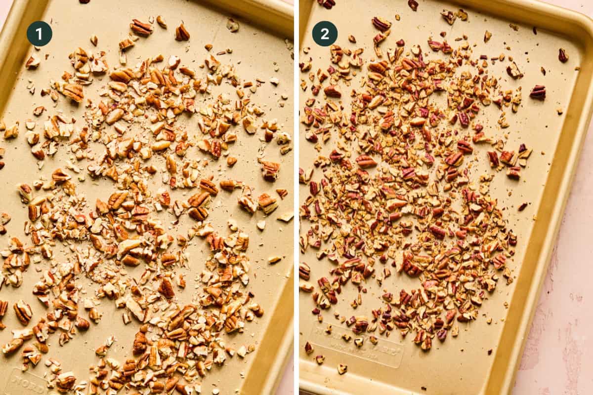 Side-by-side images of two baking sheets, each with chopped pecans spread out—perfect for topping a California Chicken Salad. The left (1) shows lightly toasted pecans; the right (2) displays more evenly toasted, slightly darker pecans.