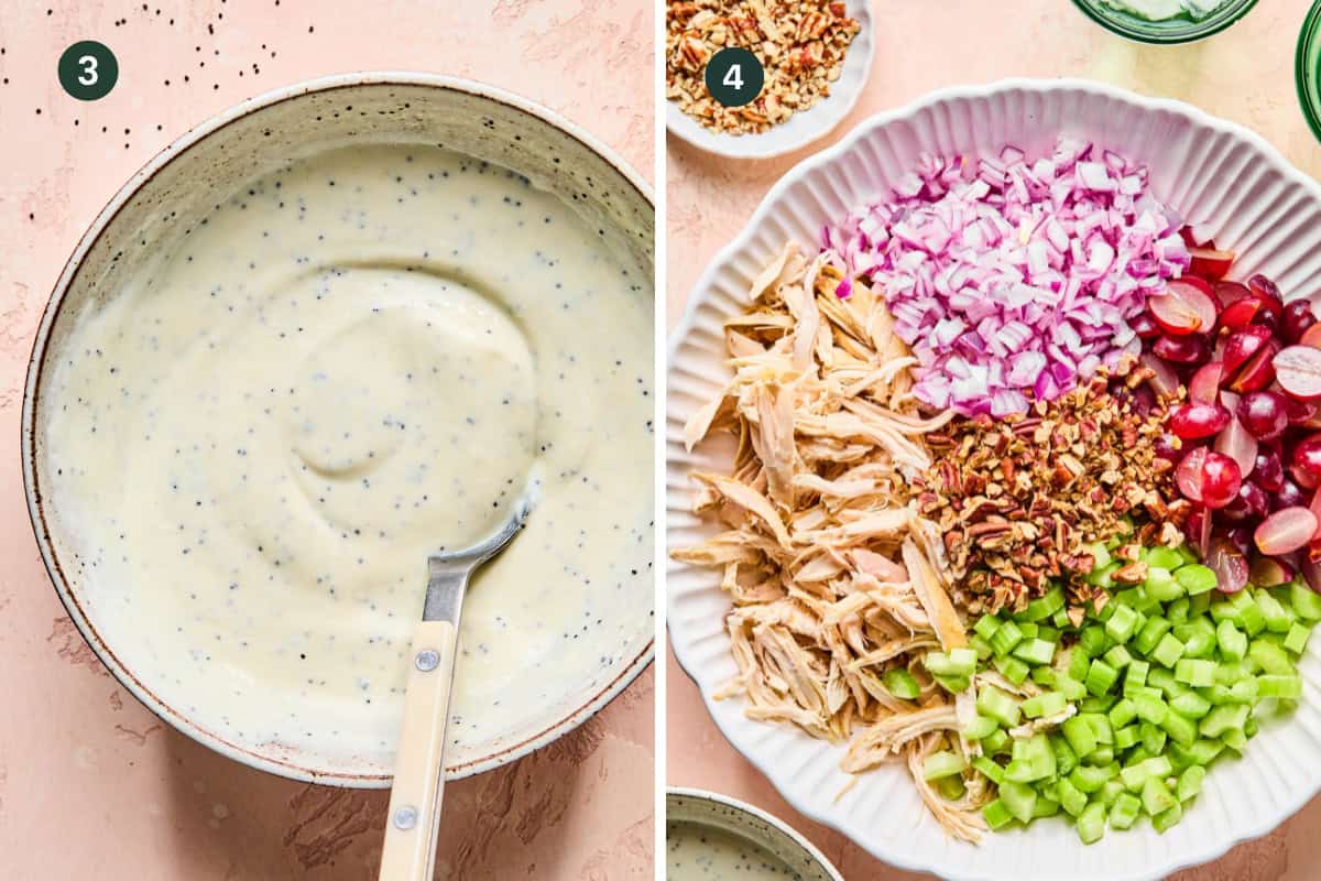 Split image: Left side shows a bowl of creamy poppy seed dressing with a spoon. Right side displays the fresh ingredients for classic California Chicken Salad—shredded chicken, celery, red onion, grapes, and nuts—ready to be mixed.