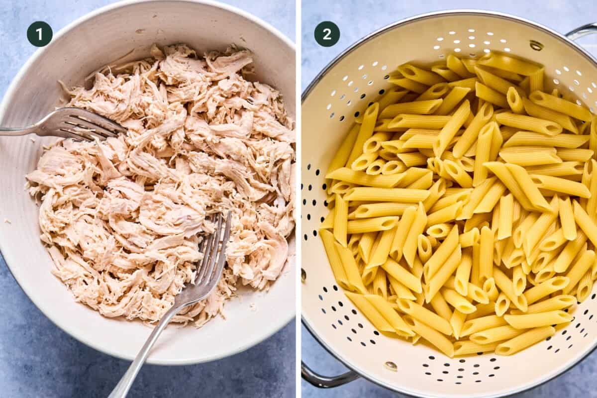Side-by-side images: Left, shredded Buffalo chicken being pulled apart with two forks; right, cooked penne pasta draining in a metal colander. Both are ingredients for flavorful Buffalo Chicken Pasta.