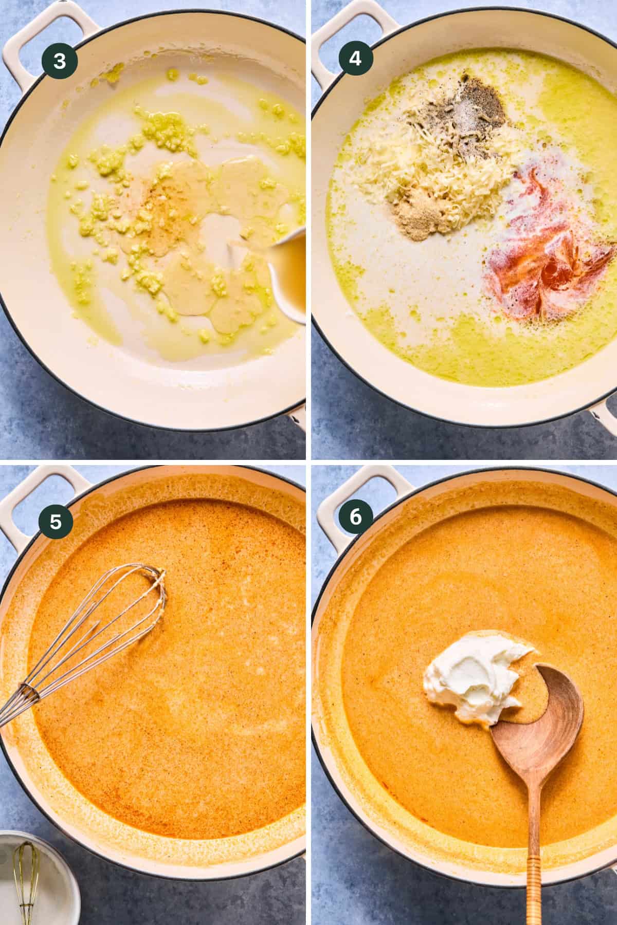 Four-panel image showing soup preparation in a pot: sautéed onions and garlic (top left), broth and seasonings added (top right), mixture whisked together (bottom left), and a spoonful of cream added—perfect base for Buffalo Chicken Pasta.