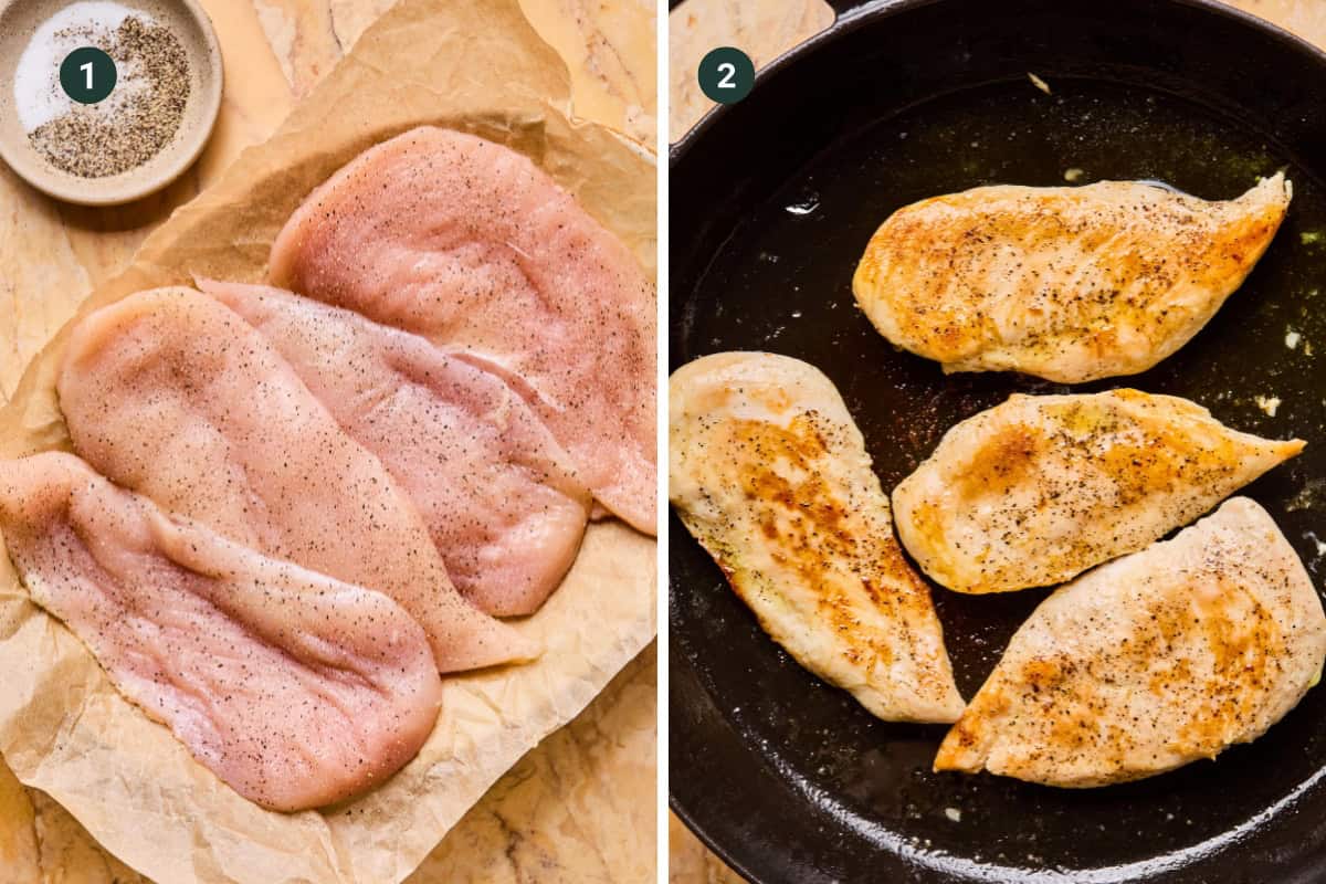 A split image: on the left, raw, seasoned chicken breasts on parchment paper beside a bowl of salt and pepper; on the right, four golden brown French Onion Chicken breasts cooking in a black skillet, perfectly seasoned.