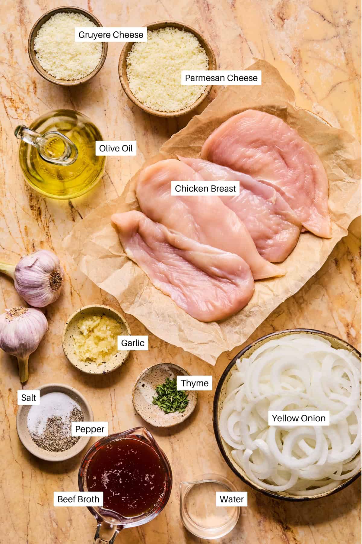 Top-down view of labeled ingredients for French Onion Chicken on a marble surface, including chicken breasts, olive oil, gruyere and parmesan cheese, garlic, thyme, salt, pepper, beef broth, water, and sliced yellow onions.