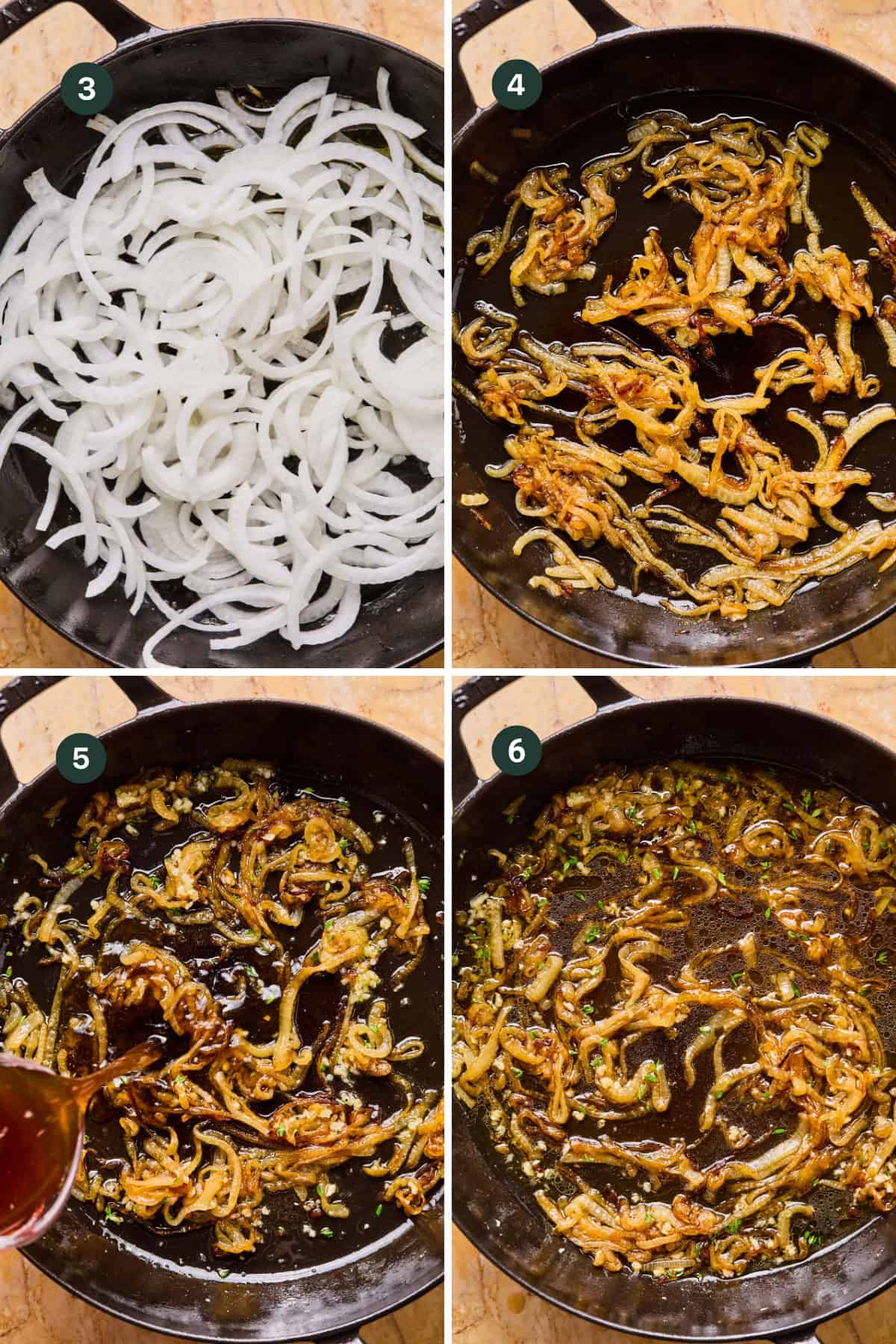Four-panel image showing steps of cooking onions for French Onion Chicken: 1) raw sliced onions in a pan, 2) onions browning, 3) adding liquid to browned onions, 4) caramelized onions mixed with chopped green herbs.
