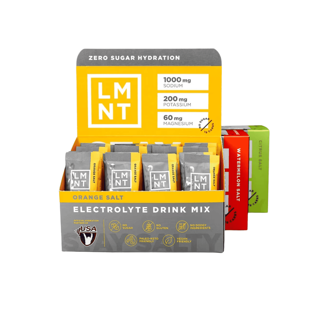A box of LMNT electrolyte drink mix packets in orange, green, and red. The box highlights zero sugar, 1000mg sodium, 200mg potassium, 60mg magnesium, and orange salt flavor.