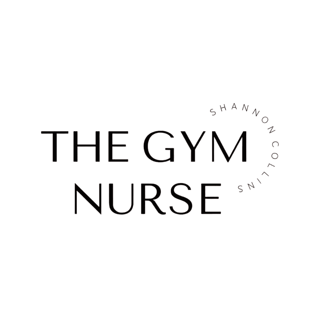 The words THE GYM NURSE in bold black letters. In a circular pattern to the right, it says SHANNON COLLINS in smaller, light brown text. The background is white.