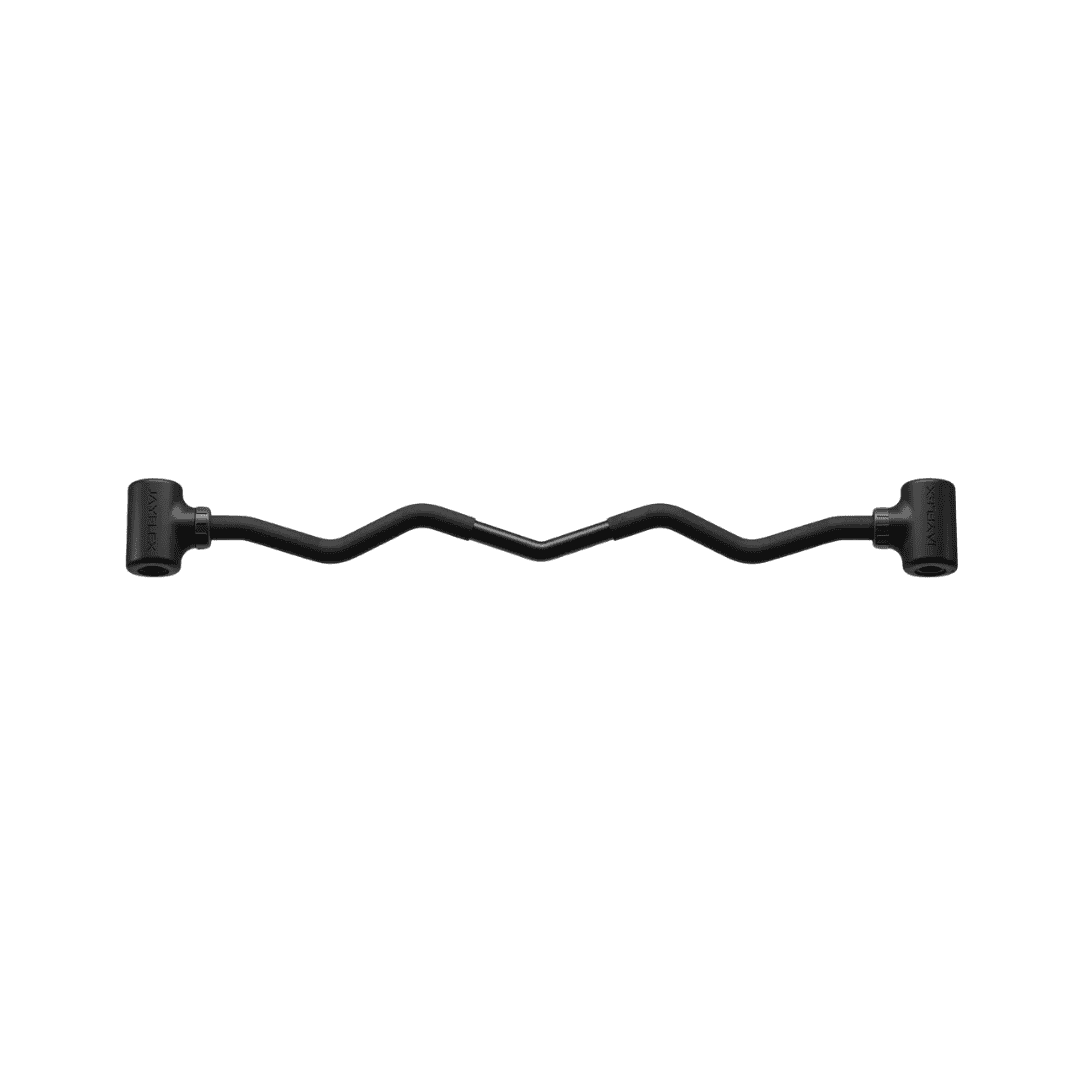 A black, zigzag-shaped workout bar, known as an EZ curl bar, is placed horizontally on a plain white background.
