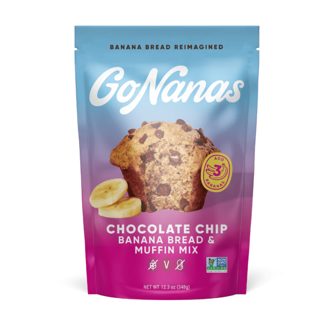 A colorful pouch of GoNanas Chocolate Chip Banana Bread & Muffin Mix featuring a muffin with chocolate chips, banana slices, and various certifications on the front. The packaging fades from blue at the top to pink at the bottom.