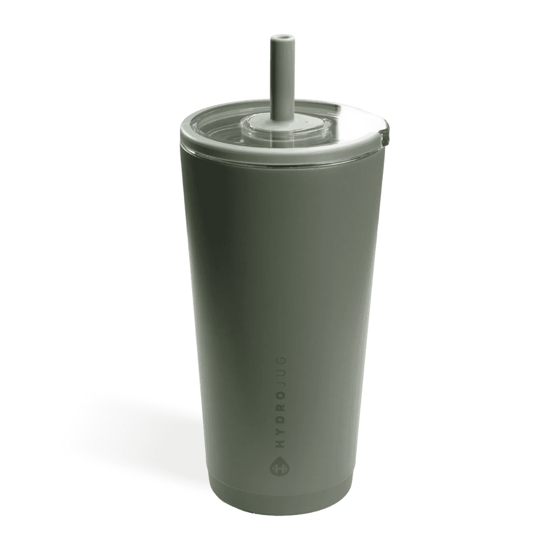 A matte sage green insulated tumbler with a clear lid and a matching green straw. The brand name “HydroJug” is vertically printed on the side of the cup.