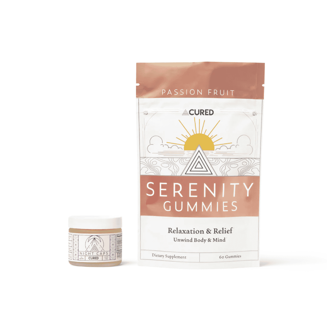 Two Cured brand products: a small jar labeled Night Caps and a larger resealable pouch labeled Serenity Gummies, Passion Fruit, with a sun illustration and text for relaxation and relief.