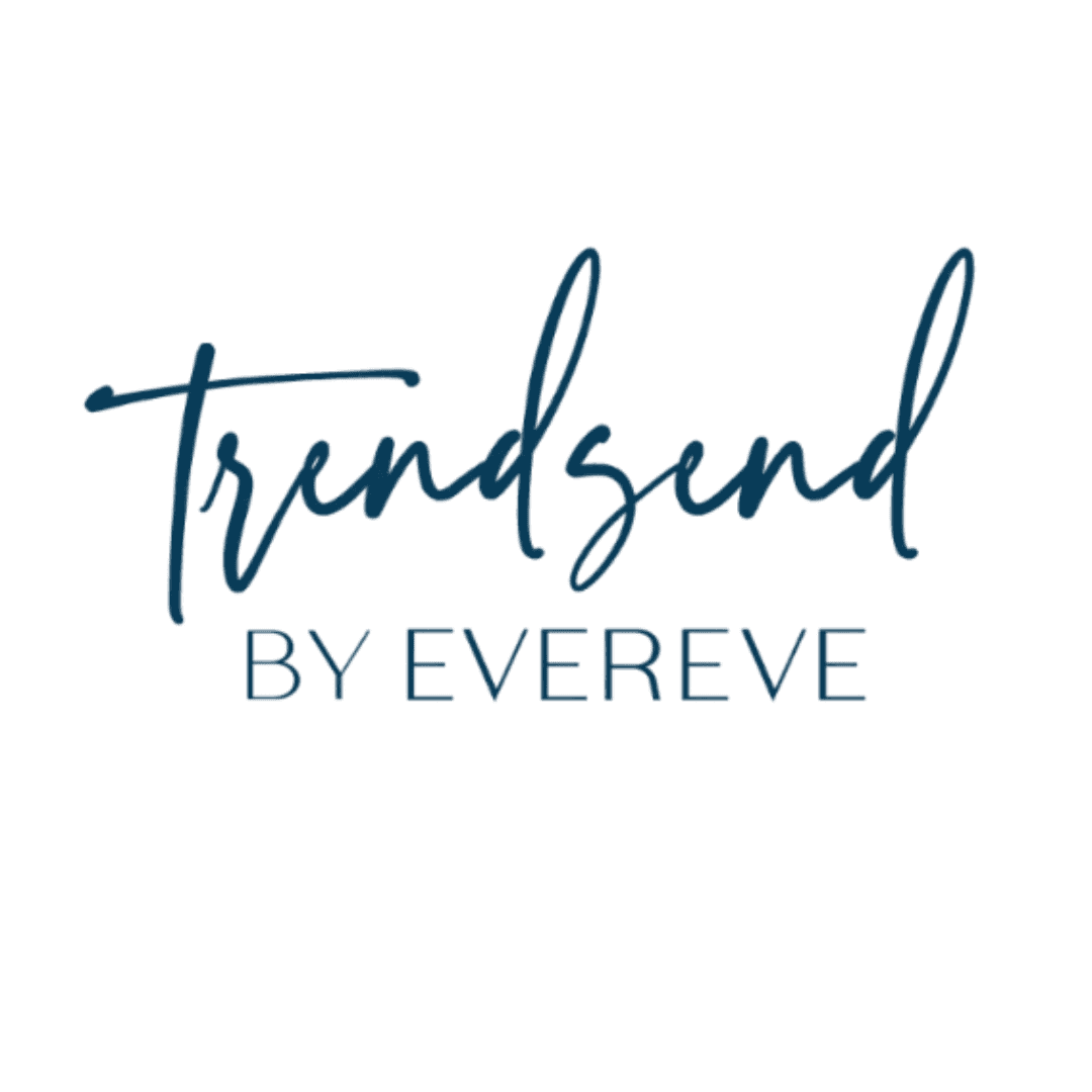 The image features the logo for Trendsend by Evereve, with Trendsend written in a flowing, cursive font above BY EVEREVE in uppercase, sans-serif letters, all in dark blue on a white background.