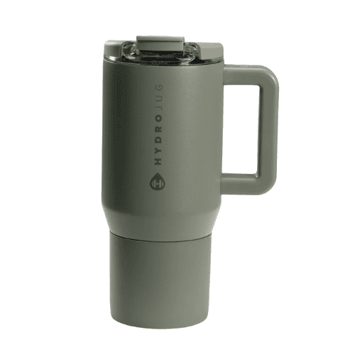 A matte olive green HydroJug travel mug with a large handle, clear lid, and an embossed logo stands upright against a white background—enjoy style and savings with available discount codes.