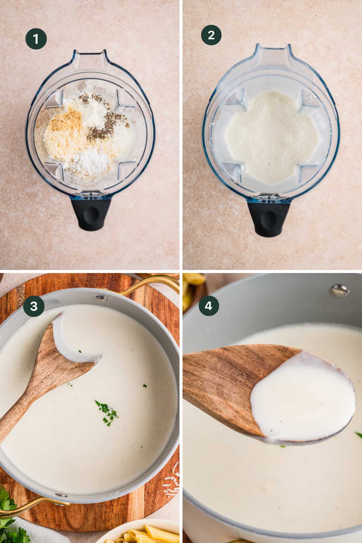 A four-step collage shows making a creamy cottage cheese alfredo sauce: 1) Ingredients in a blender, 2) Blended smooth, 3) Sauce cooking in a pot with a wooden spoon, 4) Spoon lifting the finished white sauce.