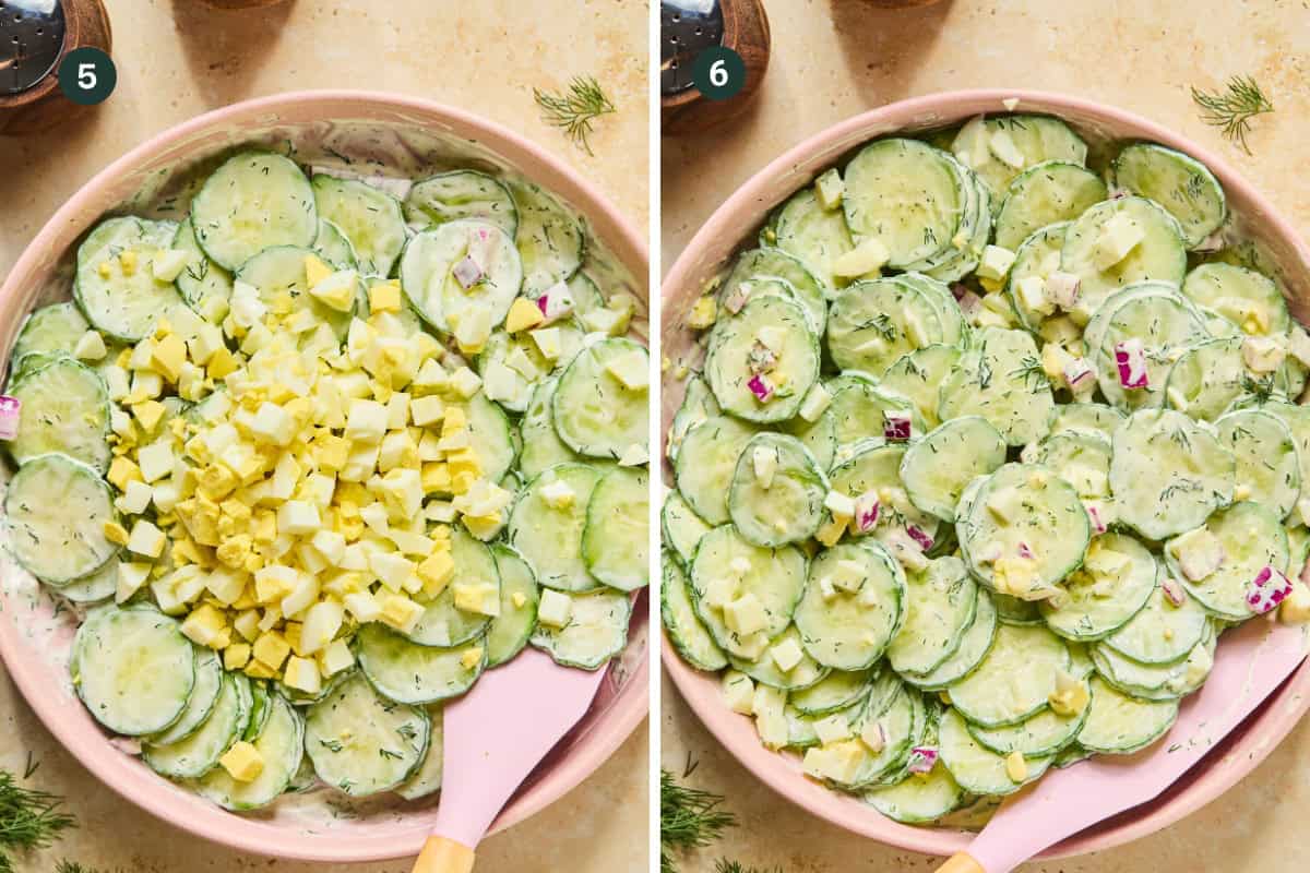 Side-by-side images show a cucumber and dill salad in a pink bowl. On the left, chopped boiled eggs rest on sliced cucumbers in creamy dressing. On the right, everything is fully mixed together with a pink spatula.