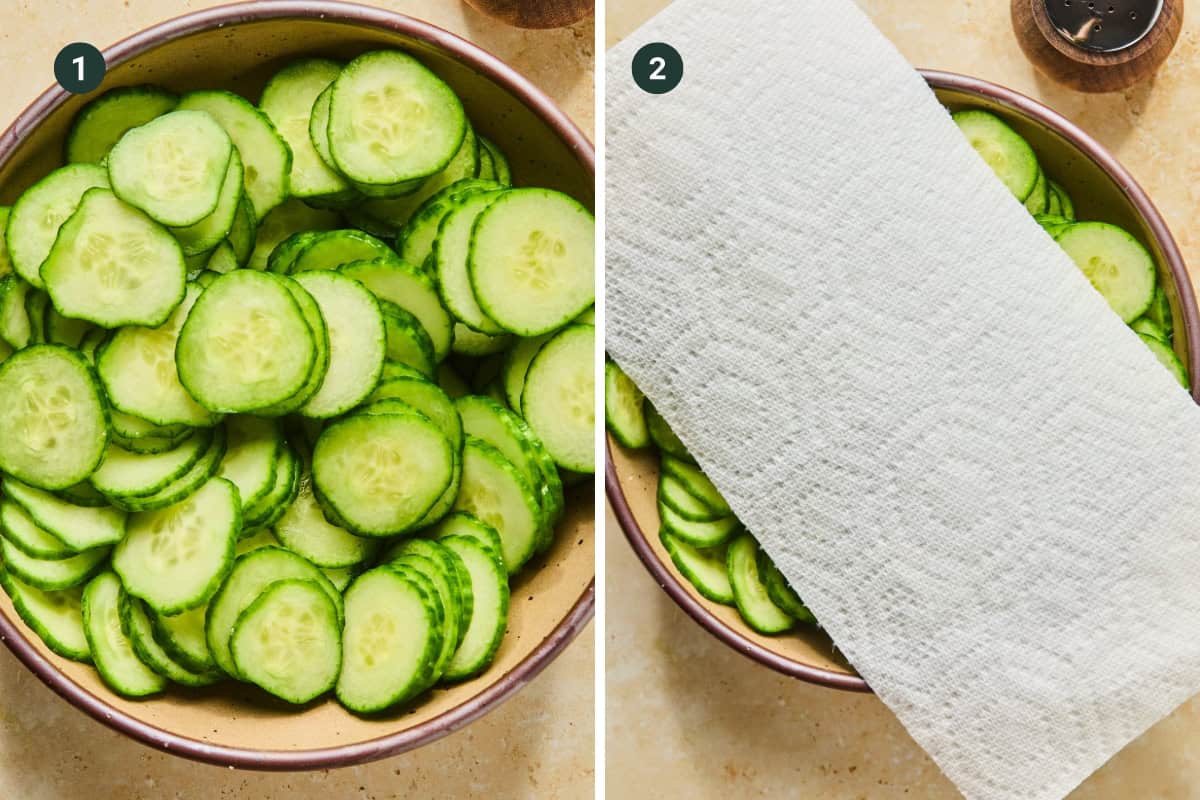 Side-by-side images: 1) A bowl filled with thinly sliced cucumbers, ready for a cucumber and dill salad. 2) The same bowl covered with a sheet of white paper towel.