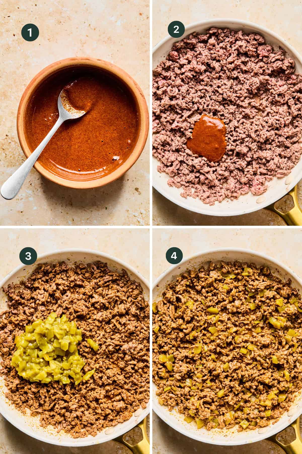 A four-step collage shows: 1) Sauce in a bowl with a spoon, 2) Sauce poured over cooked ground beef in a skillet, 3) Chopped green chilies added to beef, 4) Ingredients mixed together for easy lazy enchiladas.