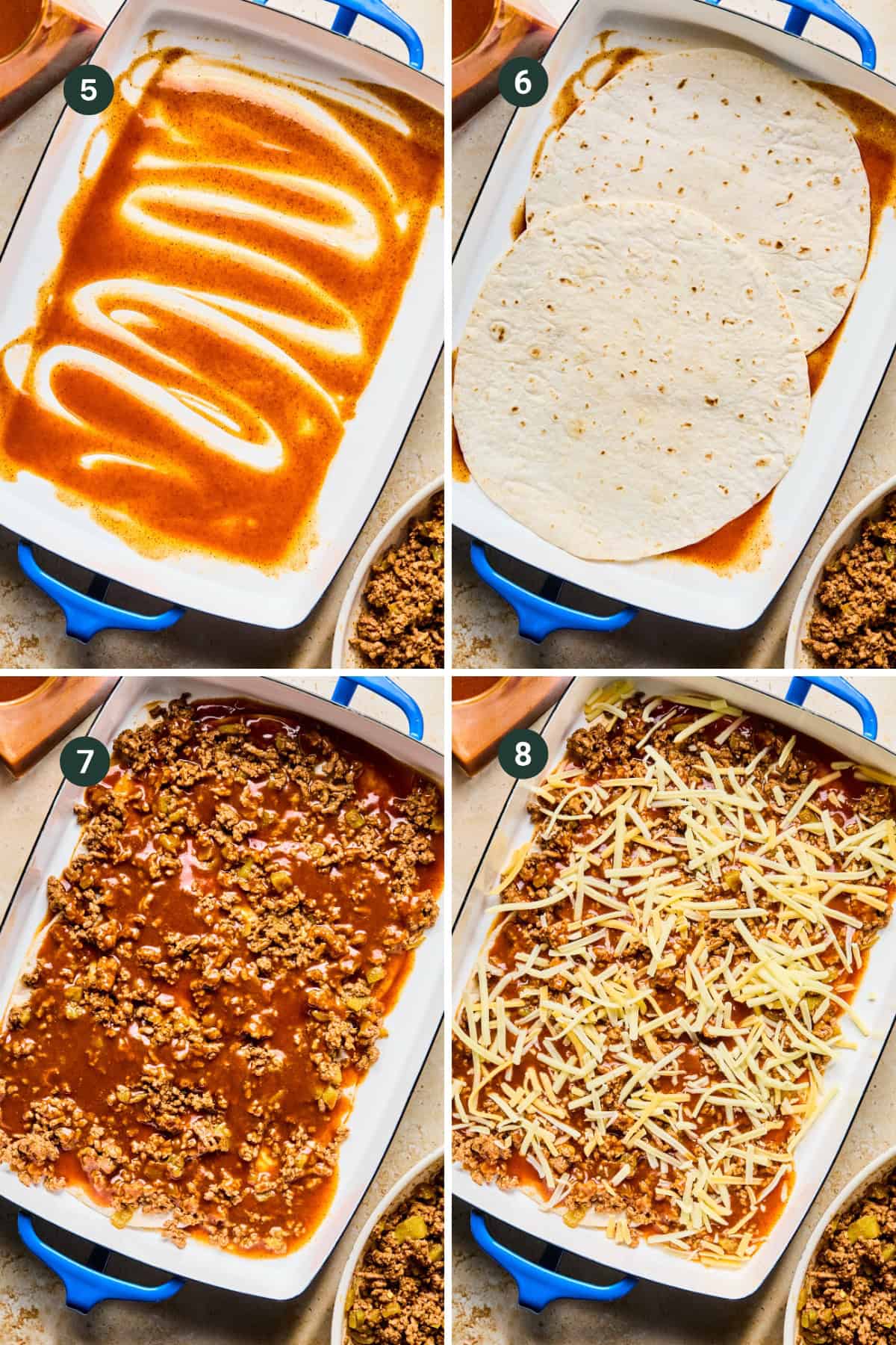 Four-step collage showing how to assemble lazy enchiladas: 1) enchilada sauce spread in a baking dish, 2) flour tortillas layered on top, 3) seasoned ground beef added, 4) shredded cheese sprinkled over everything.