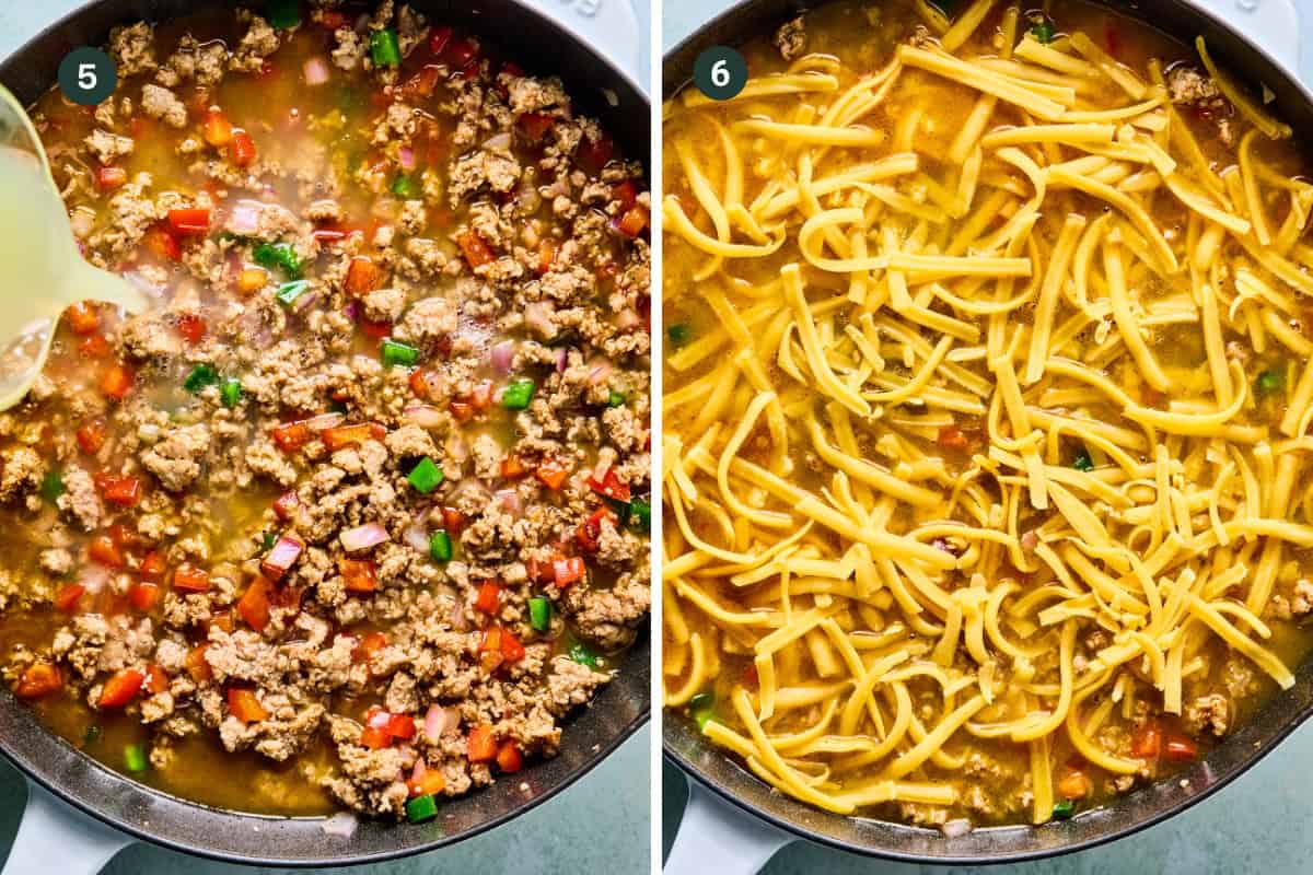 Side-by-side images show a skillet with ground meat, chopped vegetables, and broth (left), and the same skillet with uncooked noodles on top (right), similar to preparation steps in a soup, pasta recipe, or even a southwest frittata.