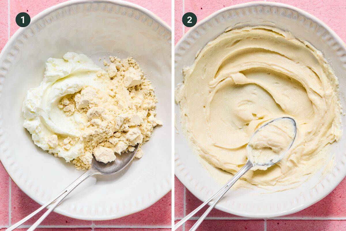 Side-by-side images: Left, a white bowl with yogurt, protein powder, and the start of protein frozen yogurt bark. Right, the mixture is smooth and creamy with a spoon on top. Both bowls sit on a pink surface.