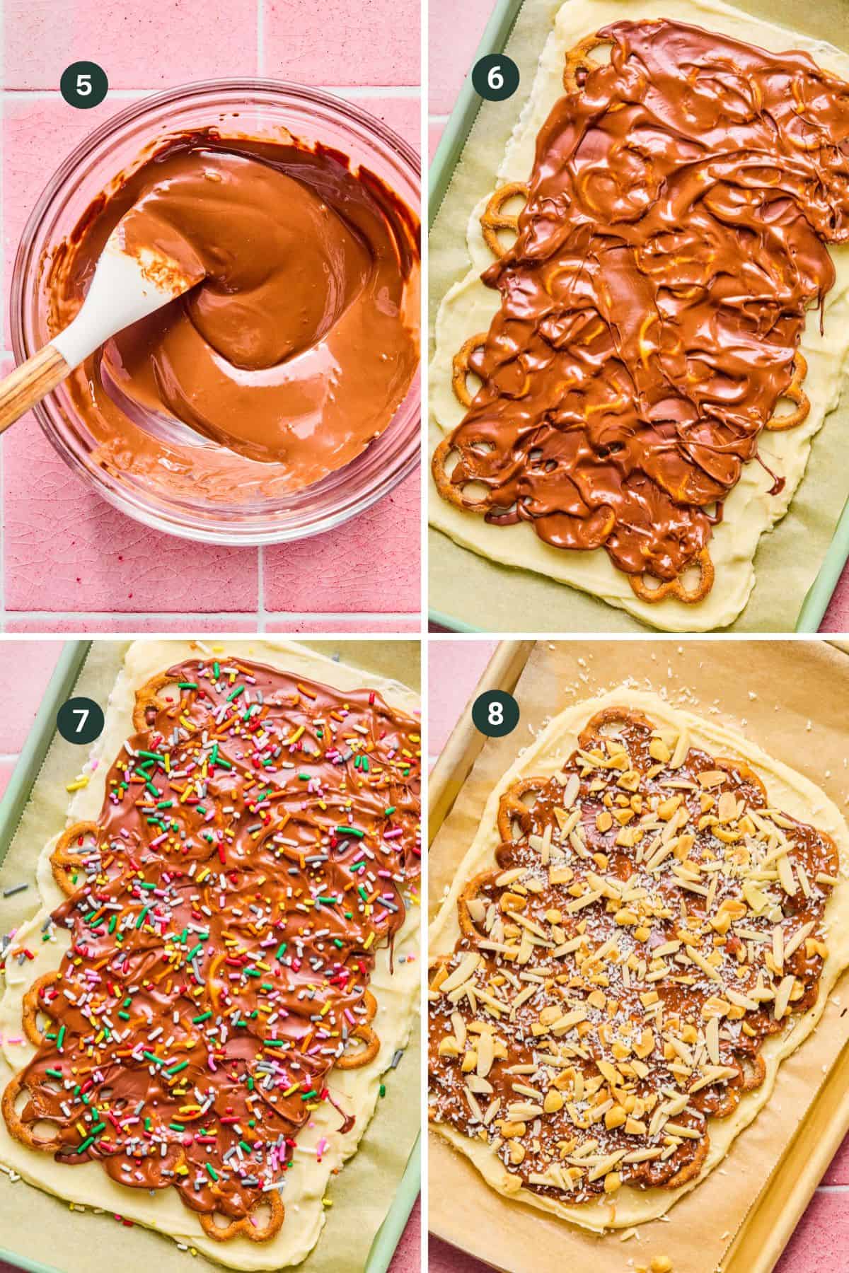 Four-step collage: (1) melted chocolate in a glass bowl with a spatula, (2) pastry dough topped with chocolate and pretzels, (3) same pastry topped with rainbow sprinkles, (4) pastry topped with chocolate, shredded cheese, and protein frozen yogurt bark on a baking tray.