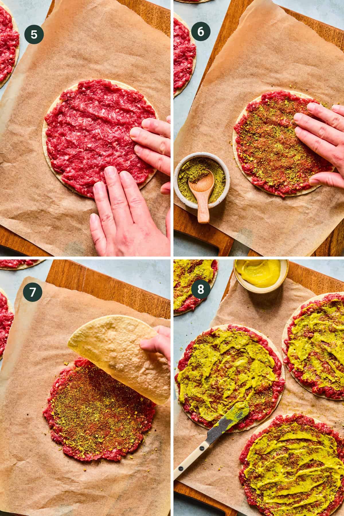 Four-panel image showing hands spreading ground meat on flatbread for smash tacos, sprinkling spices from a bowl, topping with another flatbread, and spreading green sauce on the surface. Steps are labeled 5 to 8. Brown paper is beneath the food.