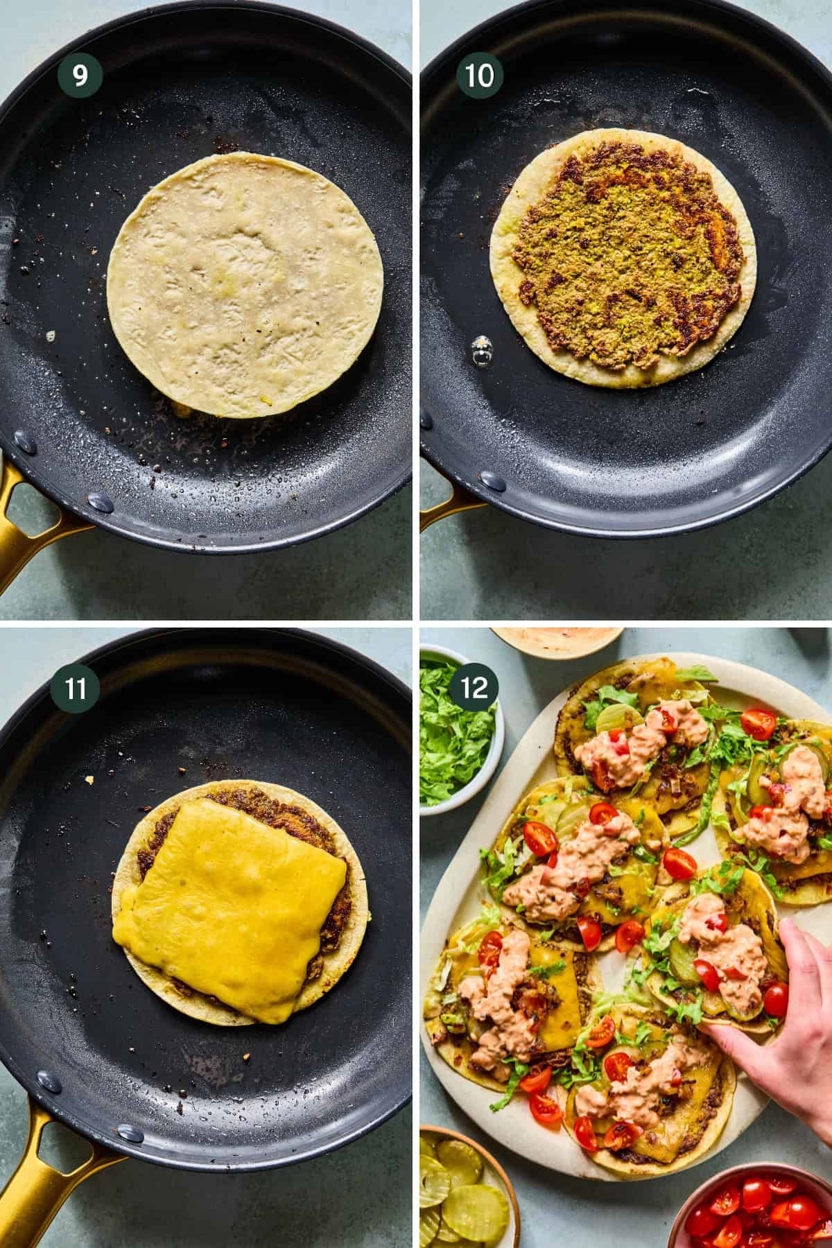Four images show steps to make tostadas: (1) plain tortilla in a pan, (2) tortilla topped with refried beans, (3) tortilla with beans and melted cheese, (4) finished smash tacos-style tostadas with lettuce, tomatoes, and a pink topping.