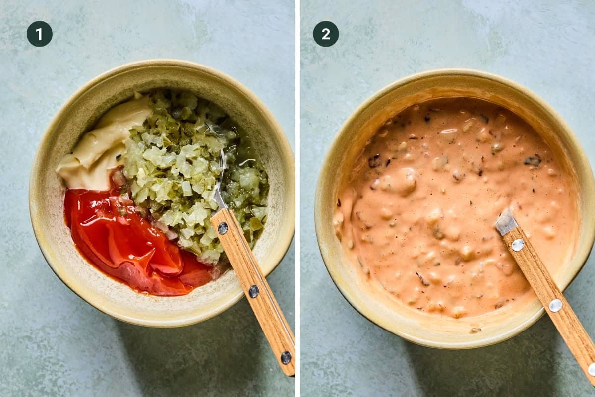 Two images side by side: the first shows a bowl with mayo, ketchup, and chopped pickles before mixing; the second shows the same bowl after being thoroughly mixed into a creamy sauce—perfect for topping smash tacos.