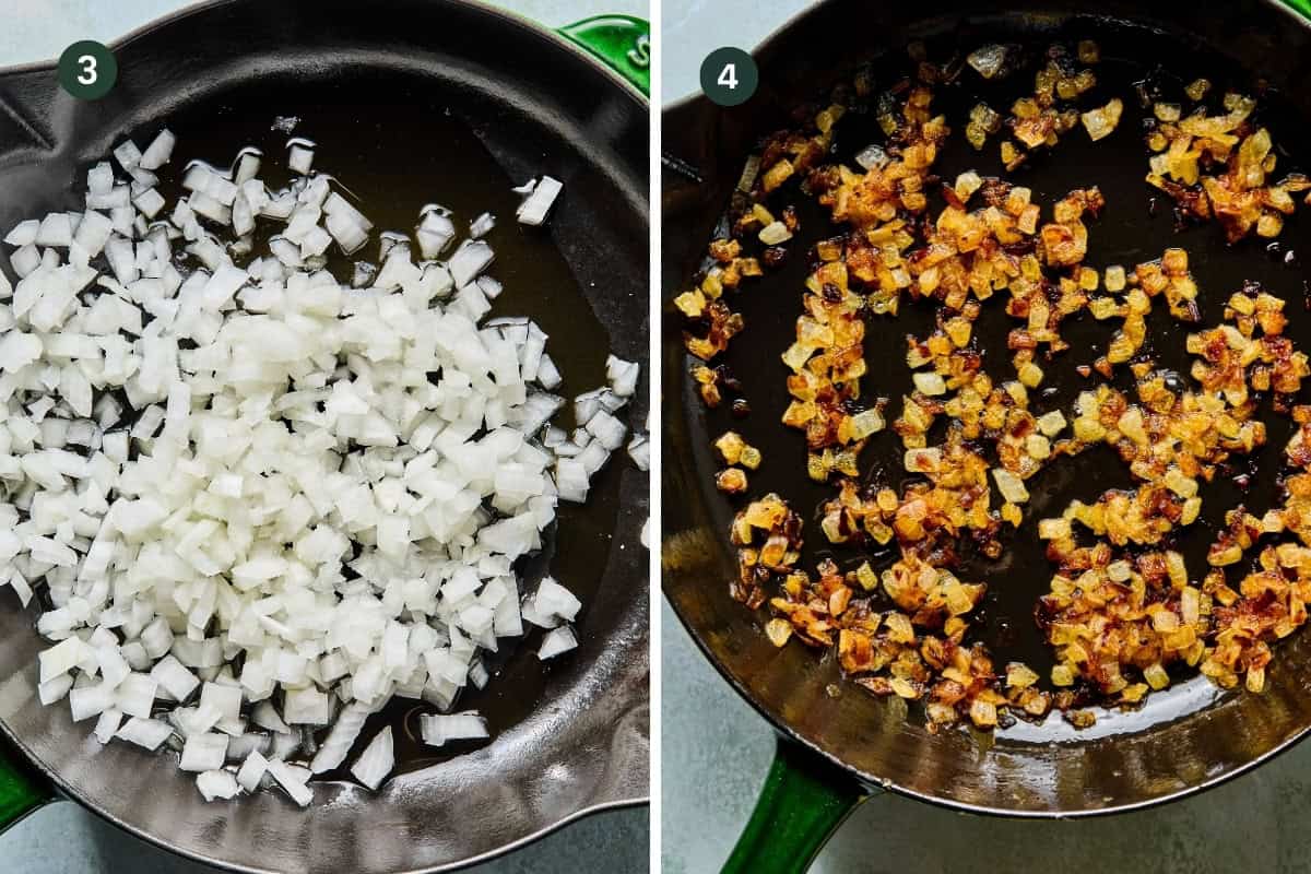 Side-by-side images show diced onions in a skillet on the left and the same onions browned for smash tacos on the right. Both pans are black, with green edges visible.