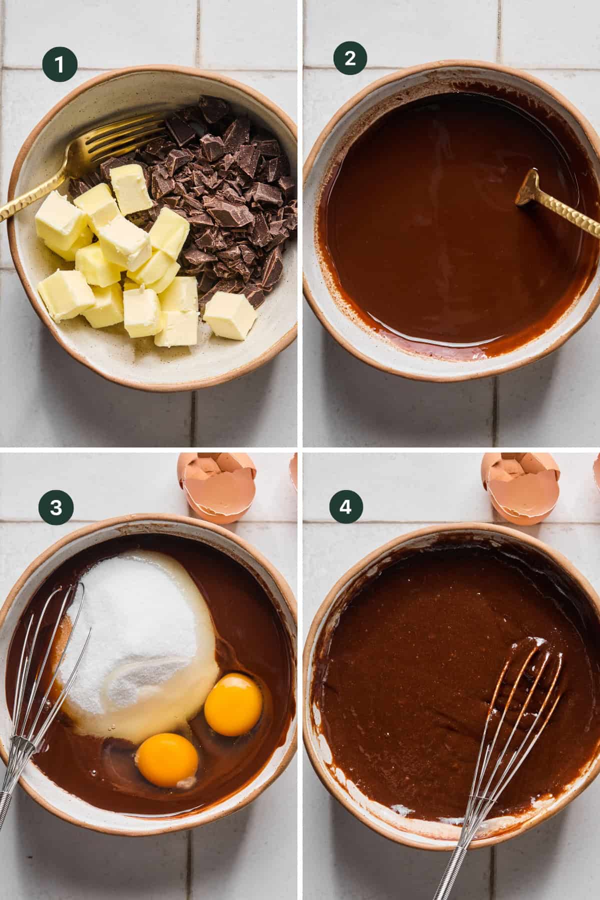 A four-step collage shows: 1) Butter, chocolate pieces, and coconut for coconut brownies in a bowl, 2) Melted chocolate mixture, 3) Eggs and sugar added, 4) All ingredients whisked into a smooth chocolate batter.