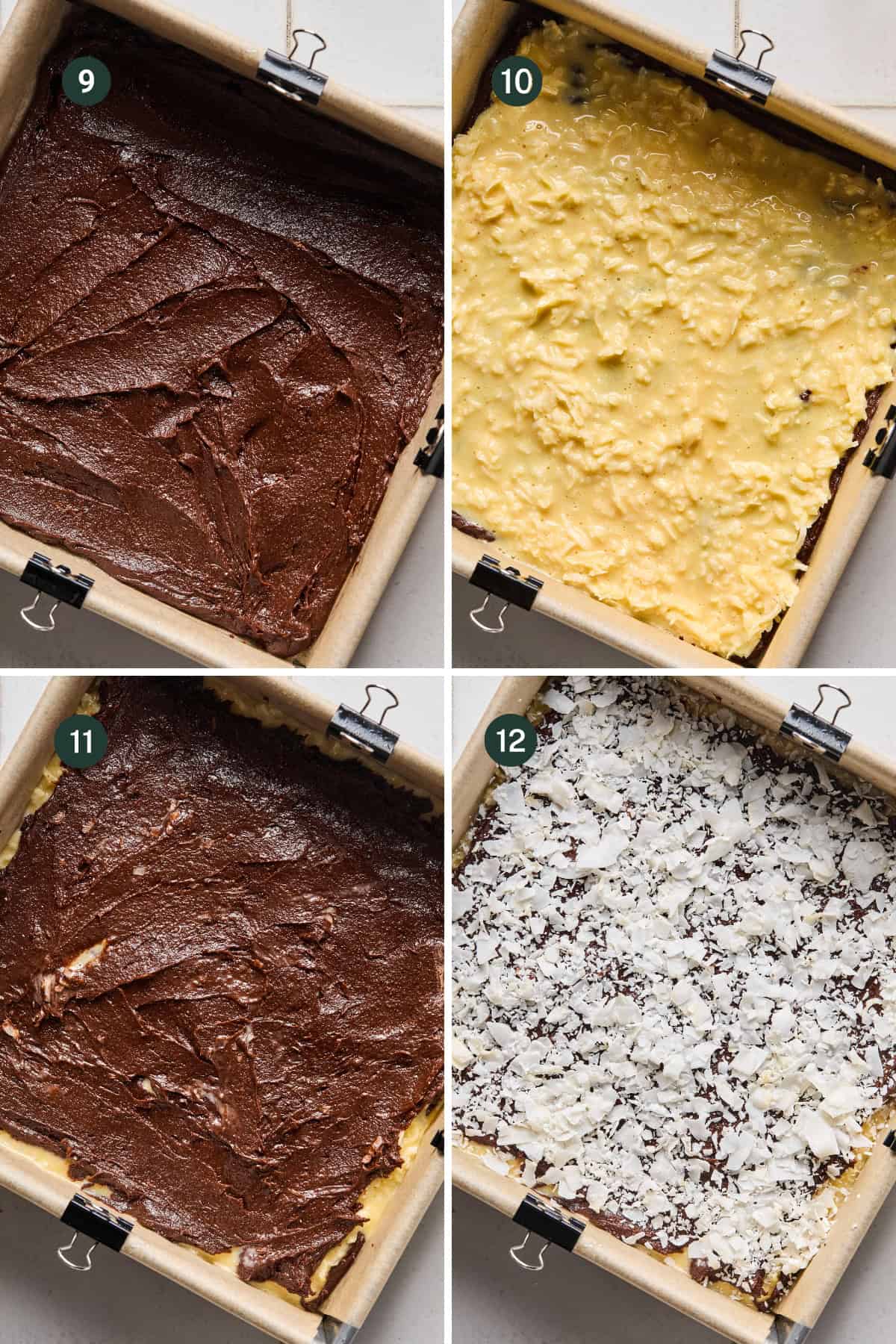 Four-step collage for making coconut brownies: first layer of chocolate batter, second layer of yellow batter with nuts, third layer of chocolate batter, and a final coconut topping in a square pan.