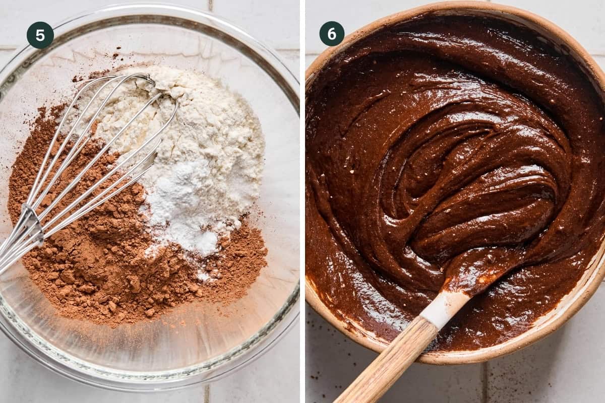 Side-by-side images: on the left, a bowl with cocoa powder, flour, and baking powder being whisked for coconut brownies; on the right, a bowl with smooth chocolate batter and a wooden spoon. Both are shown from above.
