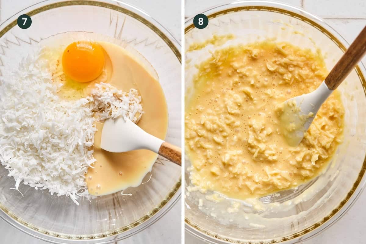 Two photos: On the left, a clear bowl with an egg, shredded coconut, and sweetened condensed milk being mixed for coconut brownies. On the right, the mixture is well combined with a spatula resting in the bowl.