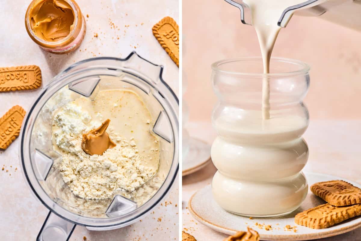 On the left, a blender contains cream, protein powder, and a spoonful of cookie butter, surrounded by Biscoff cookies. On the right, a biscoff protein smoothie is poured into a curvy glass with more cookies nearby.