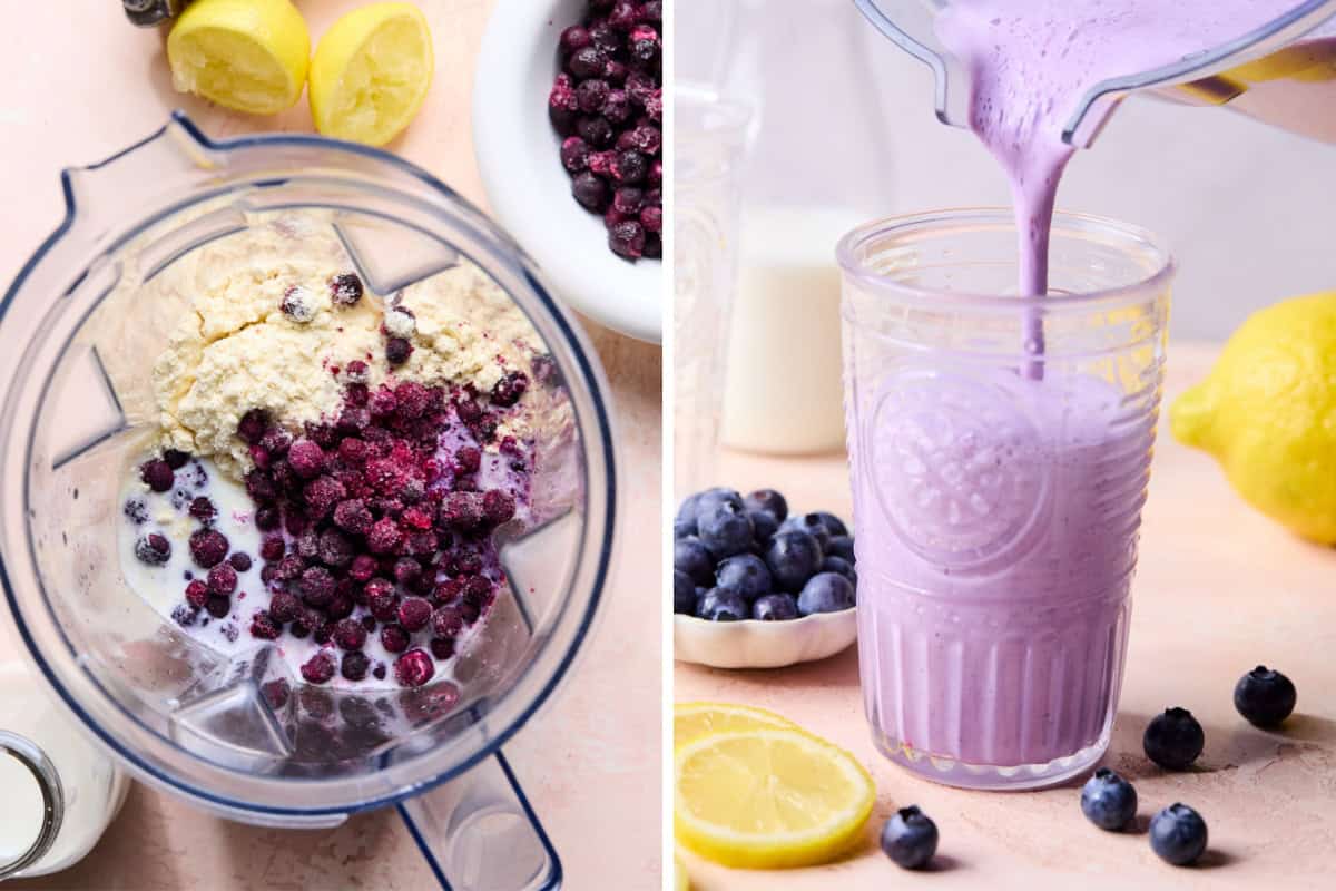 A split image: on the left, a blender with milk, blueberries, and other blueberry protein smoothie ingredients; on the right, a vibrant purple smoothie being poured into a glass, surrounded by blueberries and lemon slices.