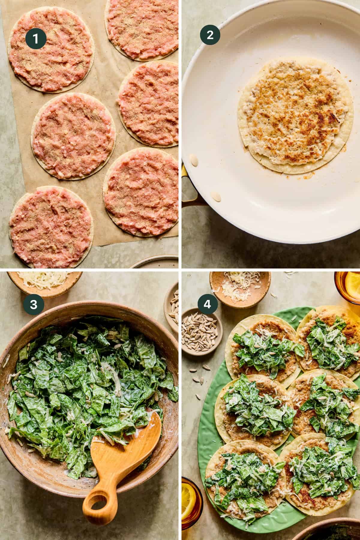 Four-step recipe collage: 1) Raw, seasoned flatbreads on parchment. 2) Flatbread cooking in a white skillet. 3) Wooden bowl of greens mixed for smashed chicken caesar tacos. 4) Cooked flatbreads topped with leafy salad on a green plate.